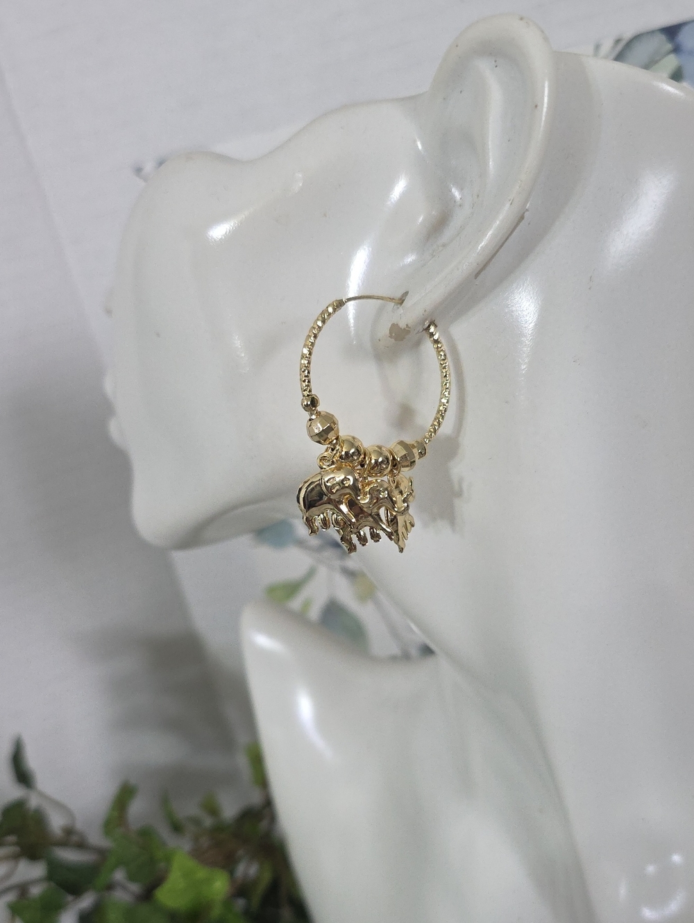Boho Diamond Cut Gold Filled Hoop Earrings with Dangle Elephant Charms - Picture 7 of 8